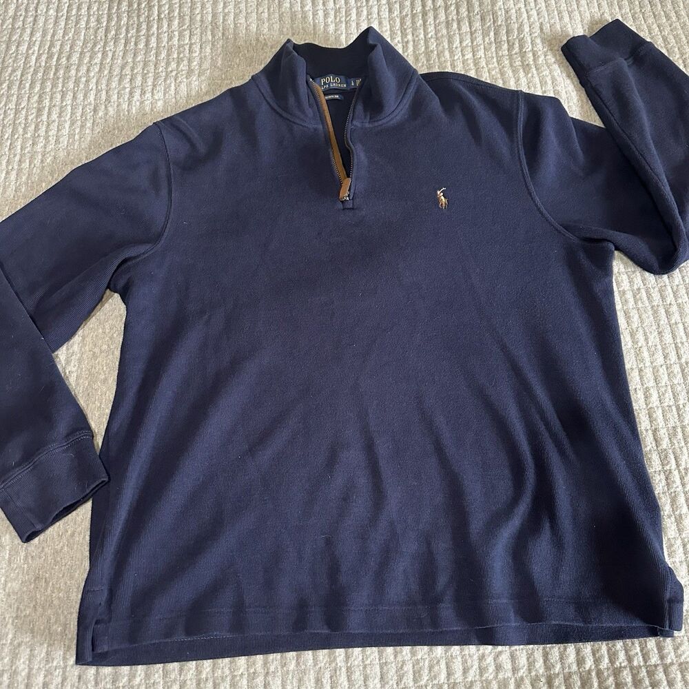 Polo Ralph Lauren Estate Rib Navy 1/4 Zip Mock Neck Preppy Sweatshirt Size L